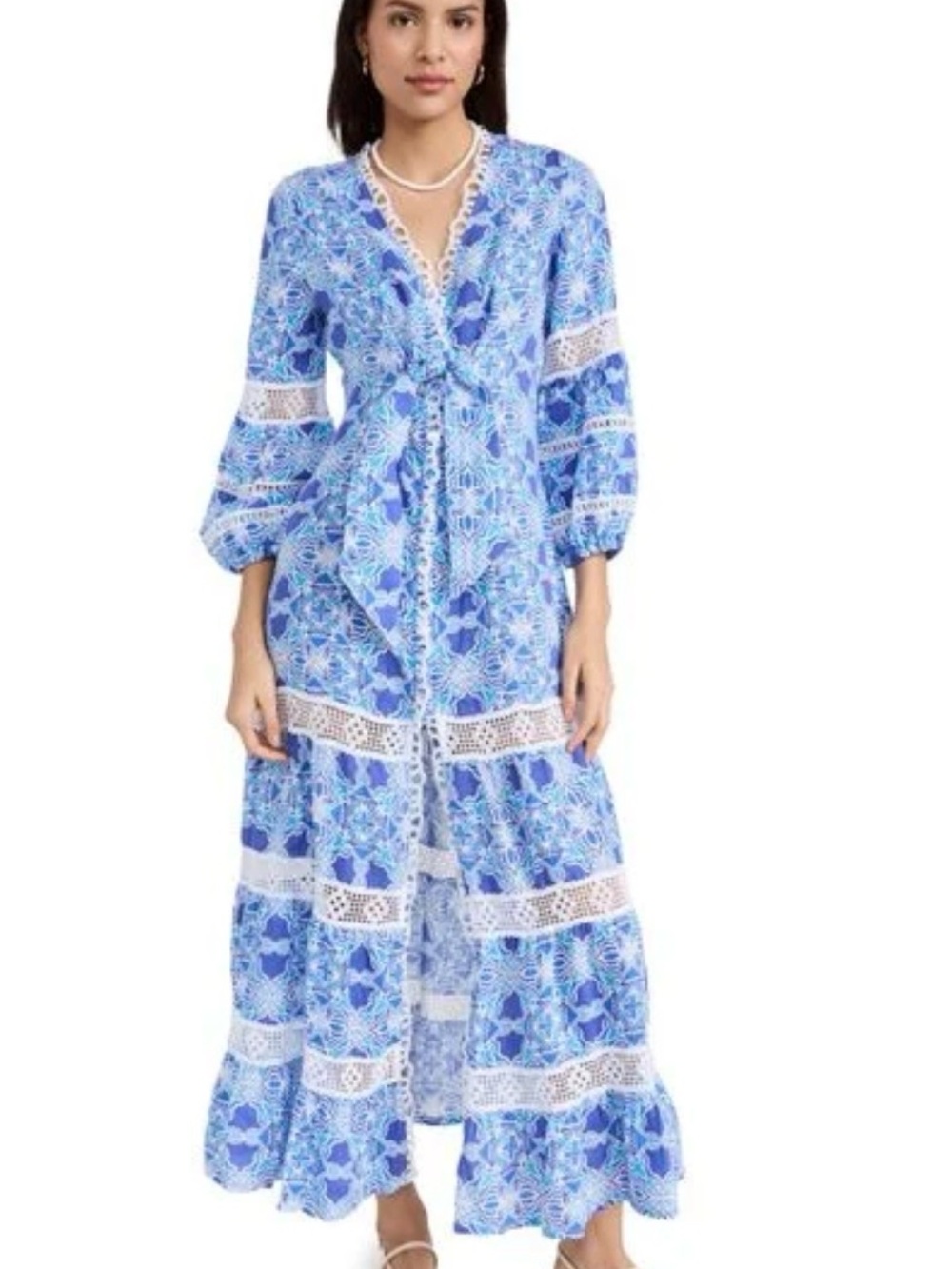 Temptations Blue Floral Lace-Insert Maxi swimsuit cover